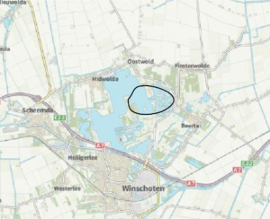Oldambtmeer met de locatie van het Huningameer ingetekend